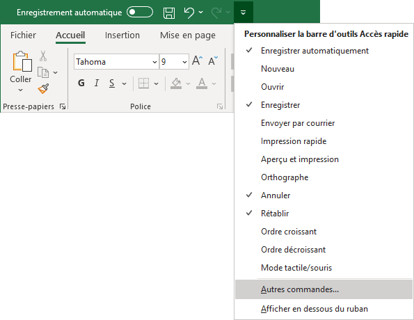 Autres commandes de la barre d'outils Accès rapide dans Excel 365