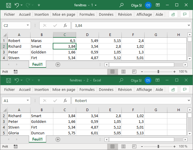 Exemple des fenêtres séparées dans Excel 365