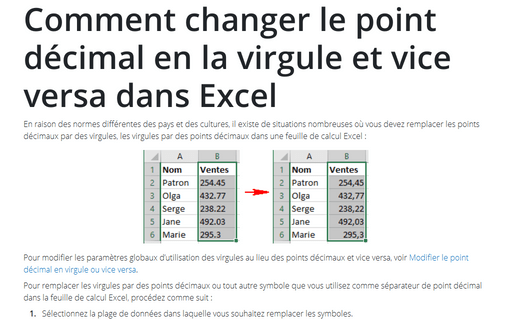 Comment changer le point décimal en la virgule et vice versa dans Excel