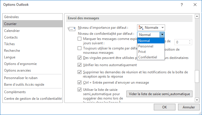 Options de envoi des message dans Outlook 2016