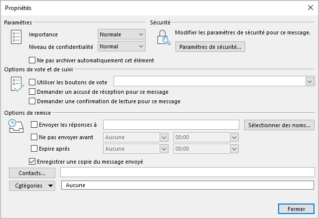 Propriétés de message dans Outlook 365