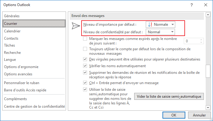 Options de envoi des message dans Outlook 365