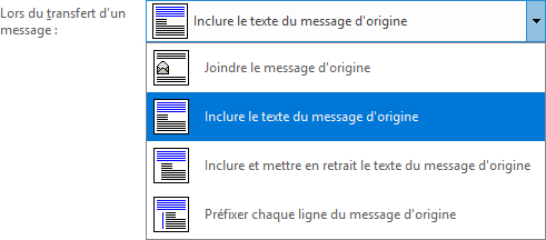 Inclure le texte du message d'origine dans transfert Outlook 2016