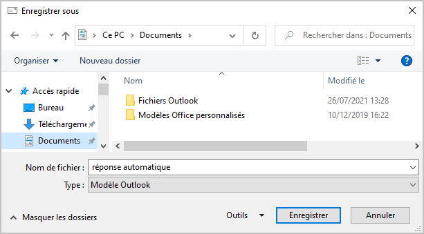La boîte de dialogue Enregistrer sous dans Outlook 365