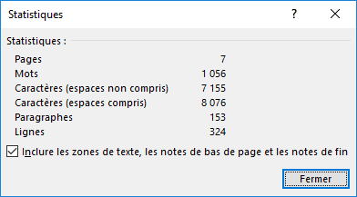 La boîte de dialogue Statistiques pour tout le document Word 2016