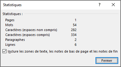 La boîte de dialogue Statistiques pour le texte sélectionné Word 365