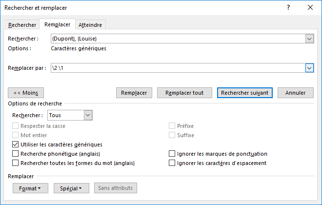 Plus dans Rechercher et remplacer Word 2016