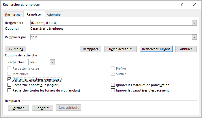 Plus dans Rechercher et remplacer Word 365