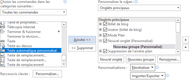 Choisir les commandes dans Options Word 2016