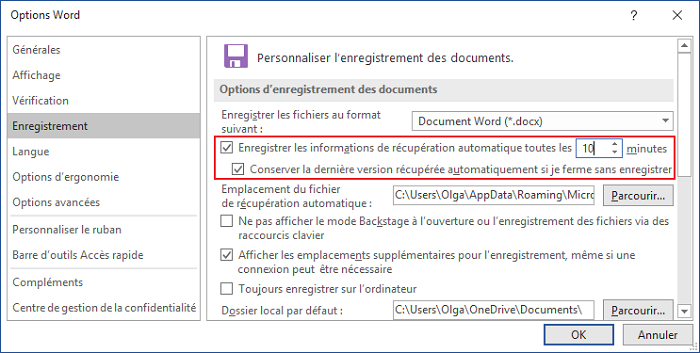 Options de Enregistrement dans Word 2016