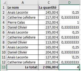 La quantité de la plage dans Excel 2016