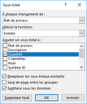 La boîte de dialogue Sous-total dans Excel 2016