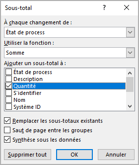 La boîte de dialogue Sous-total dans Excel 365