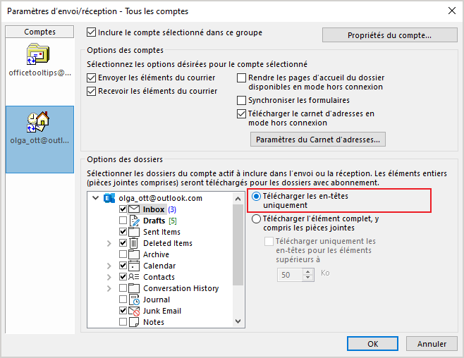 Paramètres d'envoi/réception pour un dossier Outlook 365