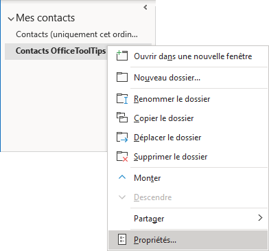 Propriétés de Contacts dans Outlook 365