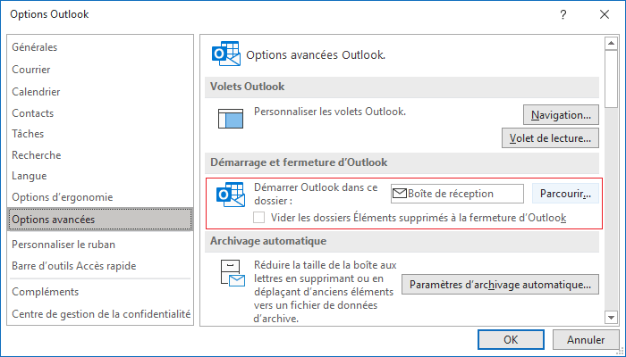 Démarrage et fermeture d'Outlook dans Options Outlook 365