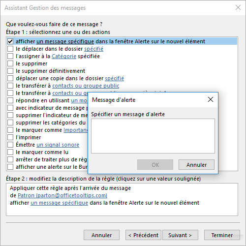 Message d'alerte dans règle Outlook 2016