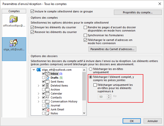 Paramètres d'envoi/réception pour un dossier Outlook 365