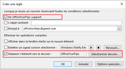 La boîte de dialogue Créer une règle dans Outlook 365