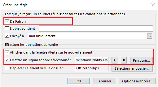 La boîte de dialogue Créer une règle dans Outlook 2016