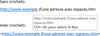 Exemple d'une adresse avec espaces Outlook 2016