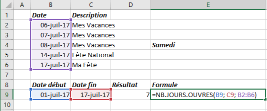 Le nombre de jours Excel 2016