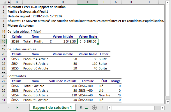 Exemple de Résultat du solveur dans Excel 2016