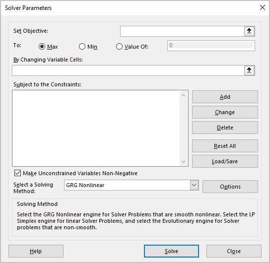 La boîte de dialogue Paramètres du solveur dans Excel 365