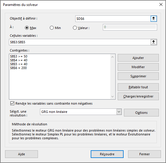 Exemple de Paramètres du solveur dans Excel 365