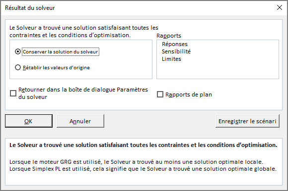 La boîte de dialogue Résultat du solveur dans Excel 365