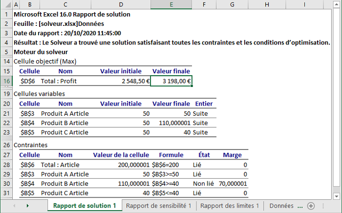 Exemple de Résultat du solveur dans Excel 365