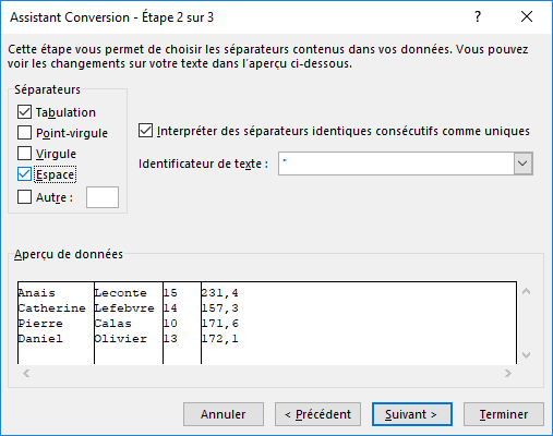 Assistant Conversion - Étape 2 sur 3 dans Excel 2016