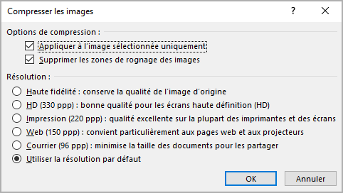 Options de compression dans Word 365