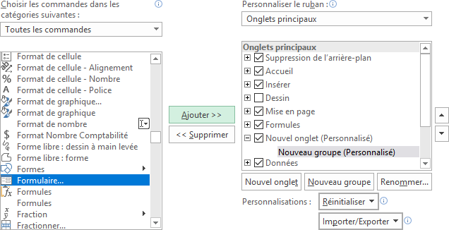 Choisir les commandes dans Options Excel 2016