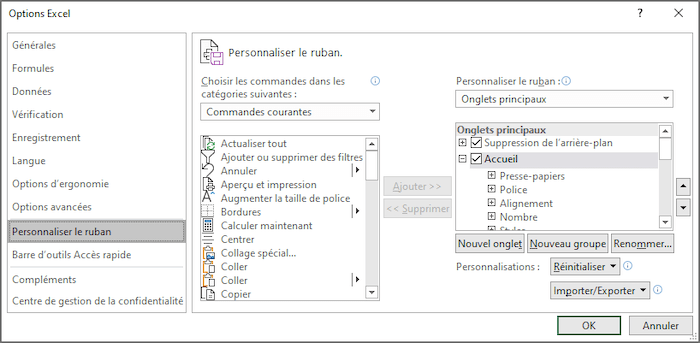 Personnaliser le ruban dans Options Excel 365