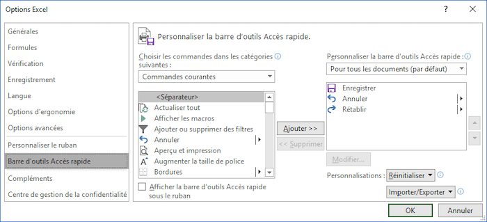 Barre d'outils Accès rapide dans Excel 2016