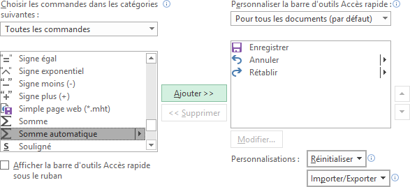 Ajouter la commandes dans la barre d'outils Accès rapide Excel 2016