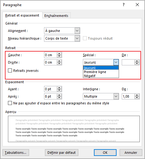 La boîte de dialogue Paragraphe Word 365