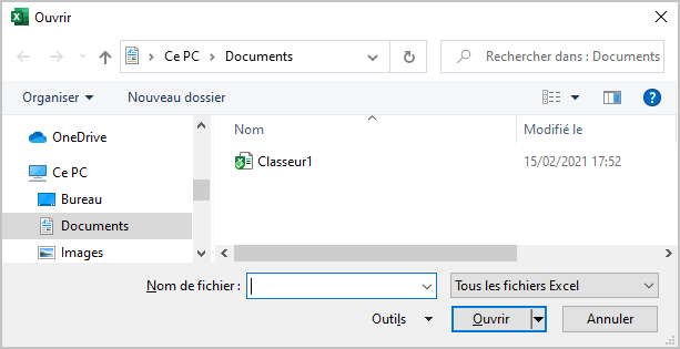 La boîte de dialogue Ouvrir dans Excel 365