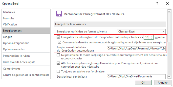 Enregistrement les classeurs dans Excel 2016