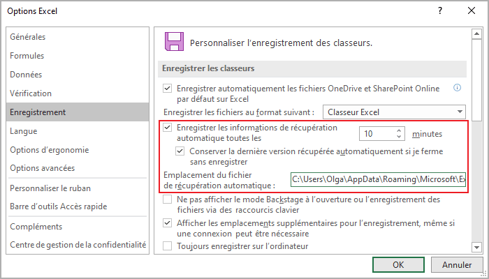 Enregistrement les classeurs dans Excel 365