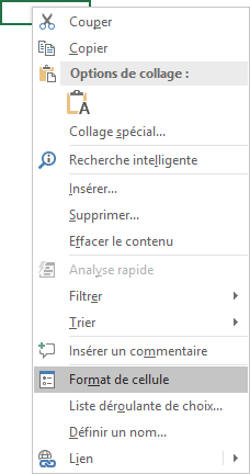 Format de cellule dans le menu contextuel Excel 2016