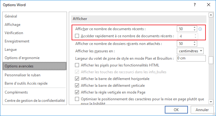 Options avancées dans Word 2016