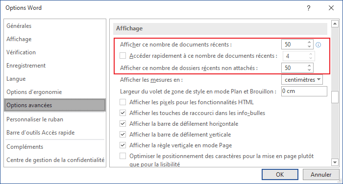 Options avancées dans Word 365