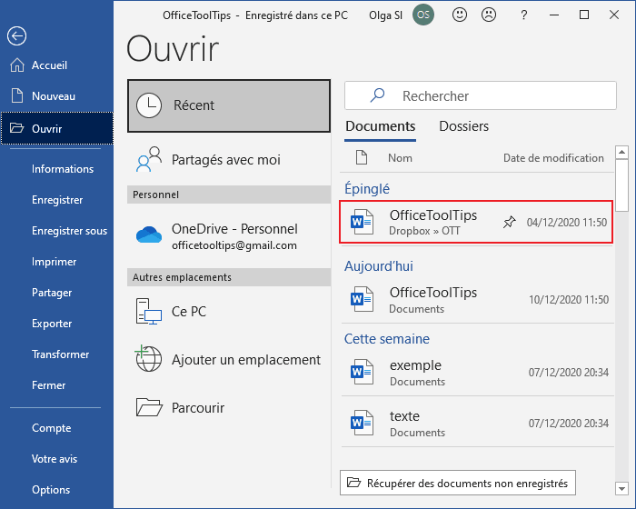 Le fichier épinglé dans Word 365