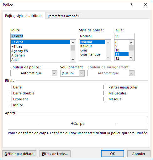 La boîte de dialogue Police dans Word 2016