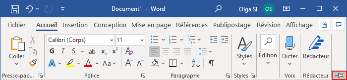 Le bouton Attacher le ruban dans Word 365