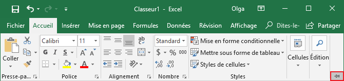Le bouton Attacher le ruban dans Excel 2016