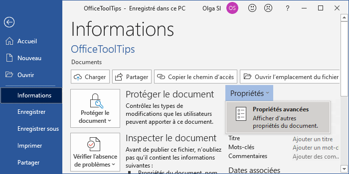 Propriétés avancées dans Word 365