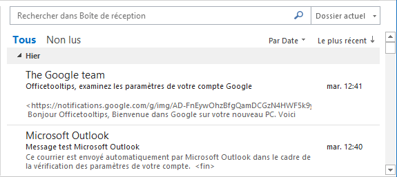 Aperçu du message - 3 lignes dans Outlook 2016